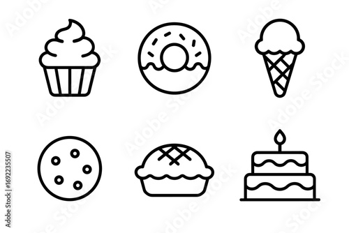 Outline icons of cupcake, donut, ice cream, cookie, pie, and cake