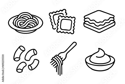 Variety of pasta icons: noodles, ravioli, lasagna, macaroni, spaghetti, sauce bowl