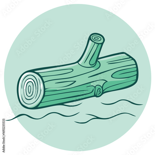 Green wood log floating on water surface simple cartoon illustration