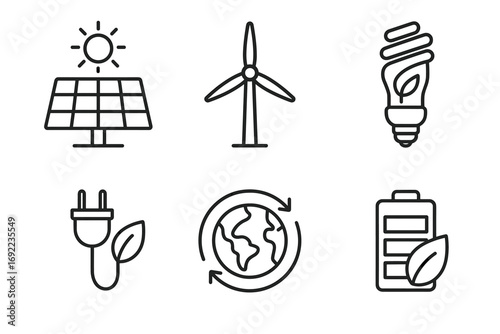 Sustainable energy icons: solar, wind, led bulb, plug with leaf, earth, battery