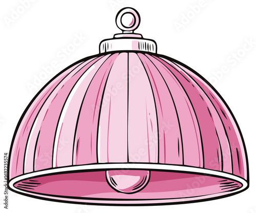 Pink pleated dome pendant lamp with visible light bulb, cartoonish style