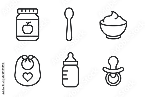 Baby essentials: baby food jar, spoon, bowl, bib, bottle, pacifier icons