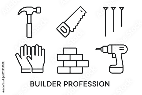 Builder profession icons: hammer, saw, nails, gloves, bricks, drill