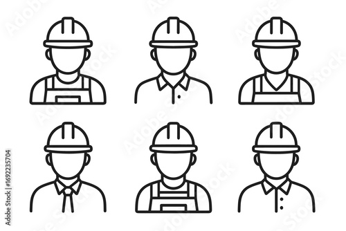 Icon set of construction workers in hard hats and uniforms