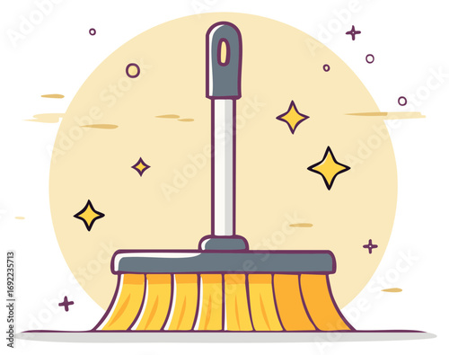 Cartoon Broom Illustration, Cleaning Tool with Decorative Sparkles