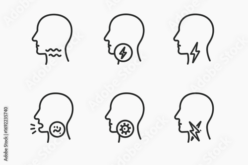 Throat pain and symptoms line icons: sore throat, infection, discomfort