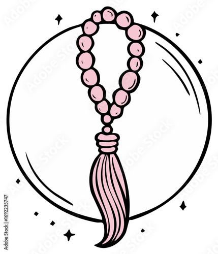 Doodle illustration of pink prayer beads with a tassel inside a sparkling magic circle