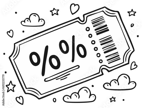 Hand Drawn Discount Coupon with Percentage Symbols and Barcode Surrounded by Cute Clouds and Stars