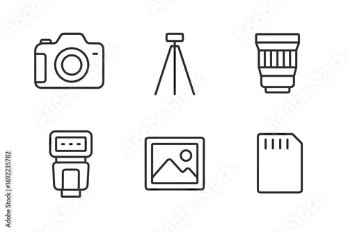 Photography equipment icons: camera, tripod, lens, flash, image file, memory card