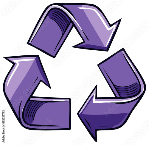 Purple recycling symbol with a comic book style illustration and thick black outlines
