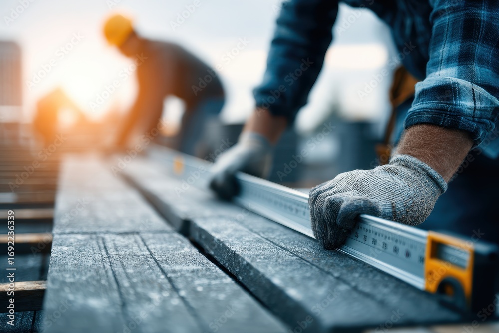 Fototapeta premium Worker's hands measuring wooden planks with a level at construction site.