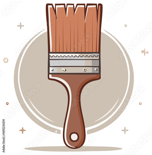 Illustration of a flat paintbrush with brown bristles and handle on a round background