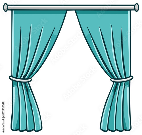 Simple cartoon illustration of open teal drapes tied back on a silver curtain rod