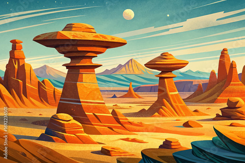 Remote desert plateau with unusual rock formations, rare geological wonder, endless horizon