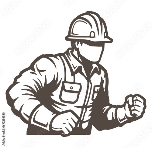 Silhouette illustration of a construction worker in hard hat demonstrating strength and determination