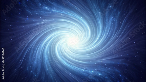Cosmic blue spiral galaxy formation, swirling energy patterns creating mesmerizing vortex effect against deep space background with stellar elements.