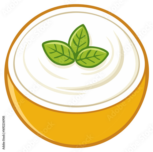 Fresh yogurt with mint leaves in a yellow bowl illustration
