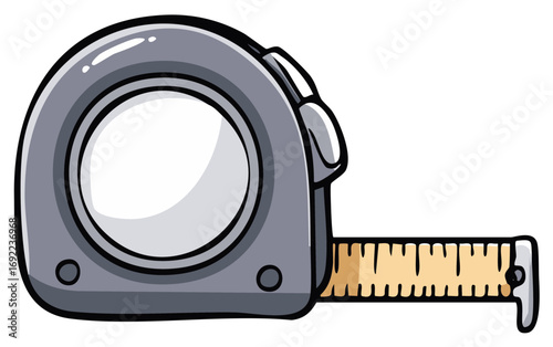 Cartoon style grey measuring tape with extended yellow ruler illustration