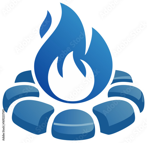 Iconic stylized campfire with blue flames and stones for warmth and light in the outdoors, camping adventure design element