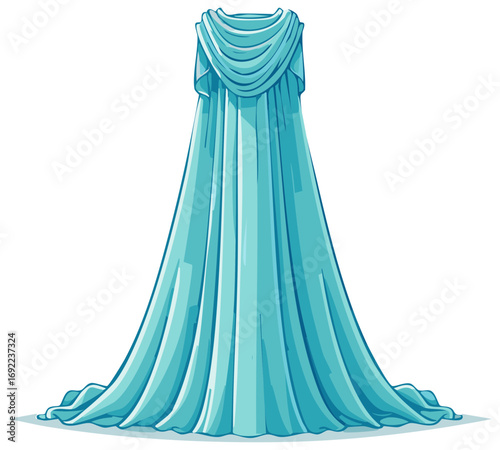 Long flowing turquoise fantasy cloak with a draped cowl neckline.