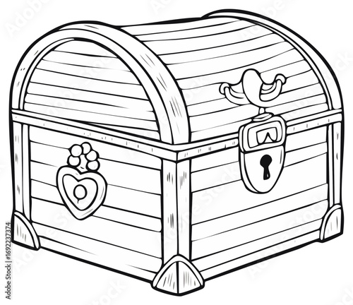 Wooden Treasure Chest with Lock and Heart Decoration Outline Illustration