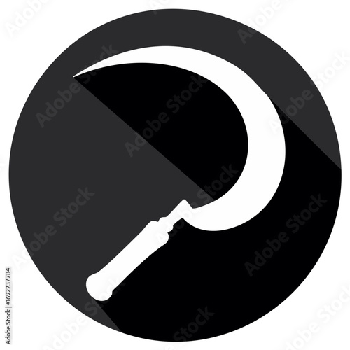 Stylized Sickle Icon on Dark Round Button with Long Shadow