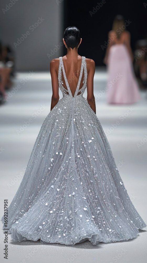 Naklejka premium East Asian model walking forward in elegant gown on runway 