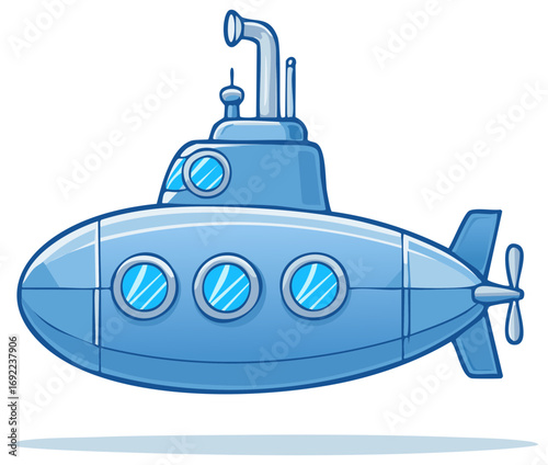 Cheerful Blue Cartoon Submarine Vessel with Windows and Propeller
