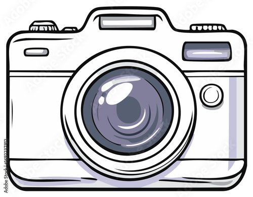 Stylized Illustration of a Digital Camera with a Large Lens and Flash