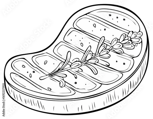 Delicious grilled steak outline with grill marks and rosemary sprig