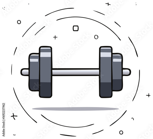 Simple cartoon dumbbell with circular graphic elements for fitness and strength training