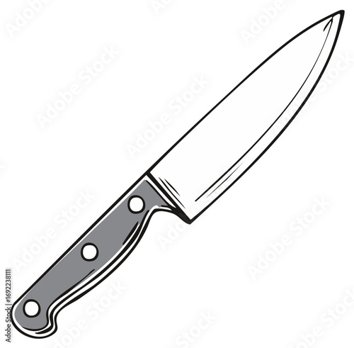 Illustration of a Sharp Cook's Knife, Kitchen Utensil with a Gray Handle and Silver Metal Blade