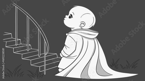 A child in a hooded cloak sitting on stairs looking upwards grayscale illustration.