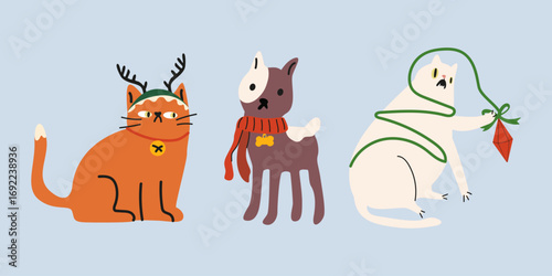 Christmas cartoon animals set in various poses and different breeds. Funny domestic cats and dogs wearing different Christmas outfits with happy charming playful expression