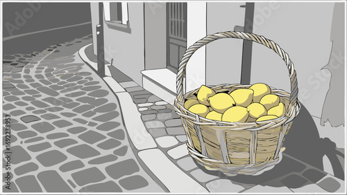 A wicker basket overflowing with lemons sits on a cobblestone street.