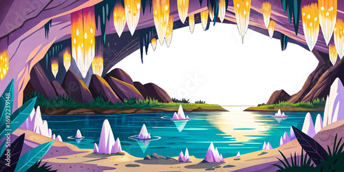 Underground river cave with stalactites and glowing crystals, breathtaking hidden wonder