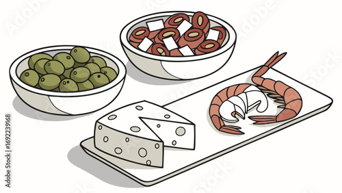 Appetizer Platter Olives Cheese Shrimp and Peppers Perfect for Menus Recipe Books and Food Blogs.