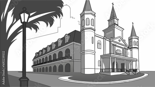 Architectural illustration of a historical building with a street lamp and palm trees.