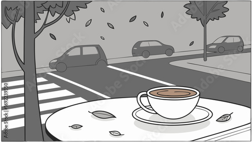 Autumn Coffee Break at Streetside Table with Cars and Falling Leaves.