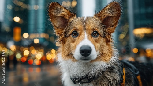 Close-up Portrait of a Cute Corgi Dog with City Lights Bokeh Background