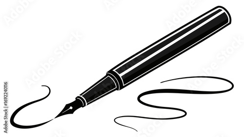Black and white illustration of a fountain pen writing a line elegant design perfect for stationery writing and calligraphy.