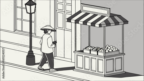 Black and white illustration of a person walking past a fruit stand on a city street.