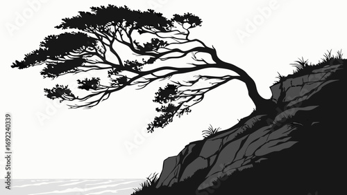 Black and white illustration of a windswept tree on a cliff overlooking the sea.