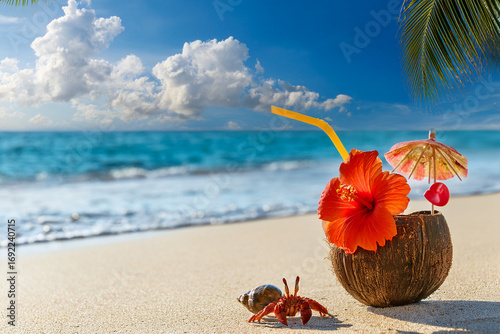 ビーチとヤシの実ジュース