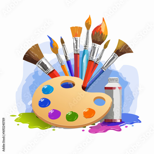 Colorful Paintbrushes And Palette On White Background