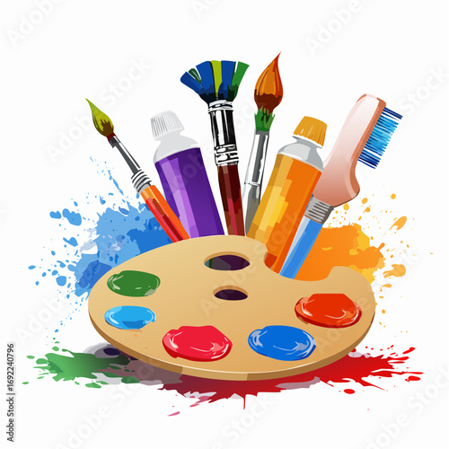 Colorful Paintbrushes Palette And Splashes
