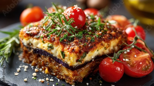 Delicious Eggplant Moussaka with Tomatoes and Rosemary Close-Up