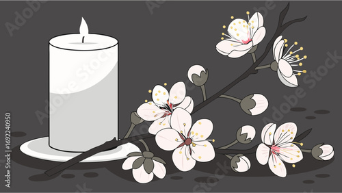 Calm and serene illustration of a lit candle and blossoming branch.