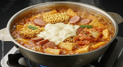Wallpaper Mural A close shot shows budae jjigae on a stove topped with cheese ramen tofu kimchi sausage and green onions Steam rises Torontodigital.ca