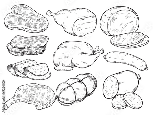Set of isolated hand drawn meat products outline drawing illustration